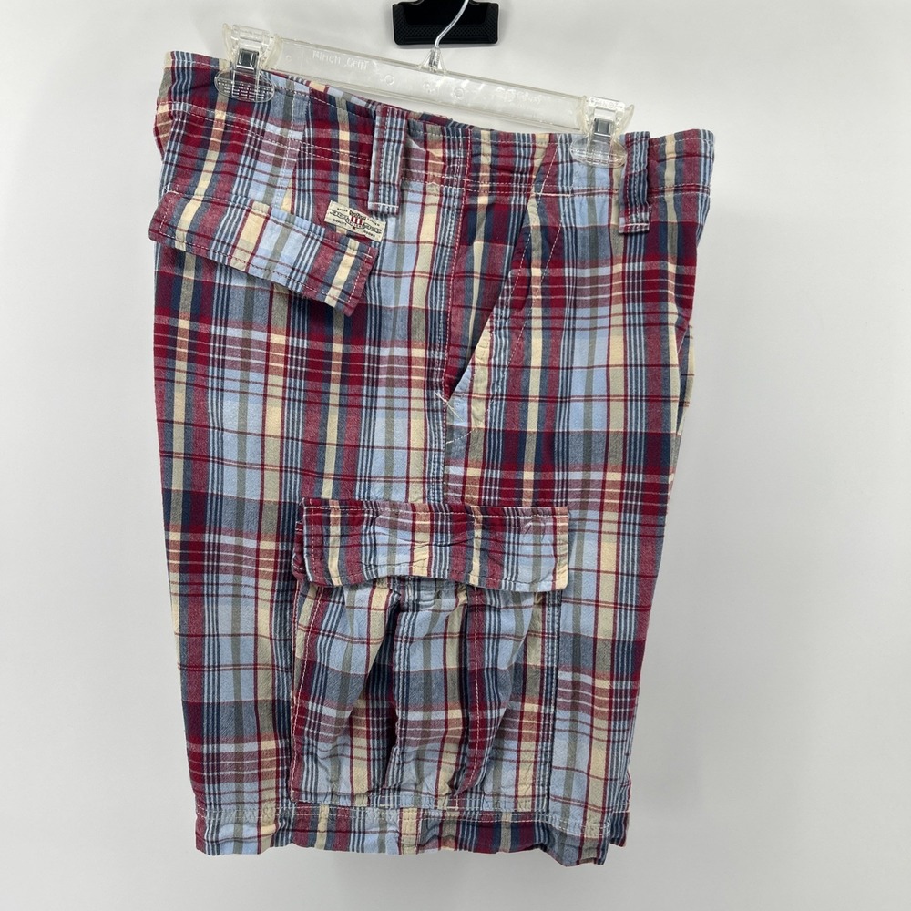 Vintage Polo Jeans Shorts Men's 36 Red Blue White Plaid Cargo Flat 90s Cotton - Picture 1 of 15
